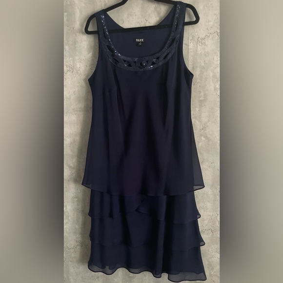 SL Fashions NY Dark Blue Embellished, Tiered 2PC Jacket Dress Sz 16 - Picture 2 of 11
